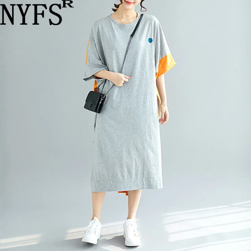 

NYFS 2022 Summer Korea New Short Sleeve Woman Dress Vestidos Robe Elbise Loose Cotton Plus Size Print Long Dresses