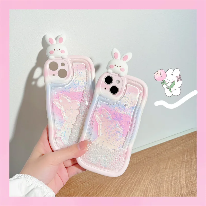 

Flowing Sand Beads Cute 3D Rabbit Phone Case Cover for IPhone 11 12 13 14 Pro Max Shockproof Cases for IPhone 14 Pro Max Case