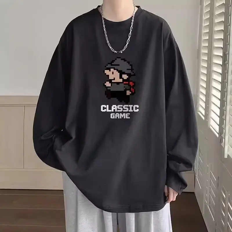 Plus Size Men's Casual Long Sleeve T-Shirt Loose Fit Top For Spring And Autumn Trendy Hong Kong Style Weart