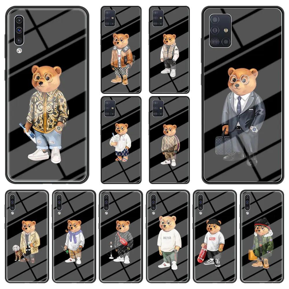 

Fashion Brand Bear Tempered Glass Case for Samsung A12 A50 A51 A52 A70 A71 A72 5G A41 A32 A31 A21s A20 A10 A02s Phone Cover Bag