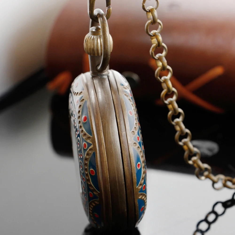 New Luxury Blue Pattern Mechanical Pocket Watch Retro Hollowed-Out Case Simulated Skeleton Flywheel Mens Mechanical Pocket Watch