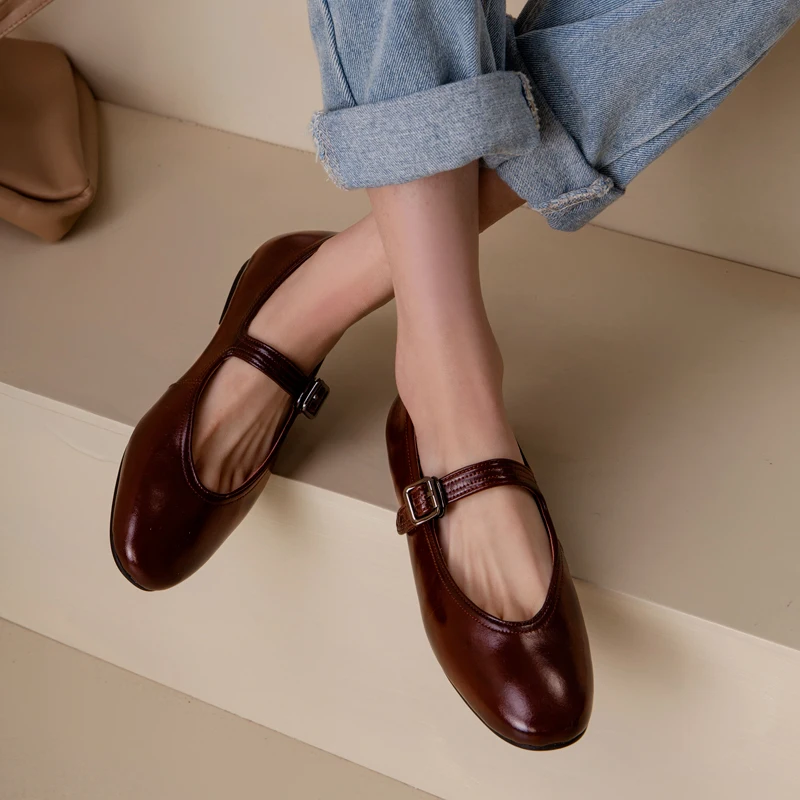

Real Leather Women Mary Janes Shoes Buckle Round Toe Low Heels Ladies Casual Shoes Shallow Spring New Woman Pumps Handmade