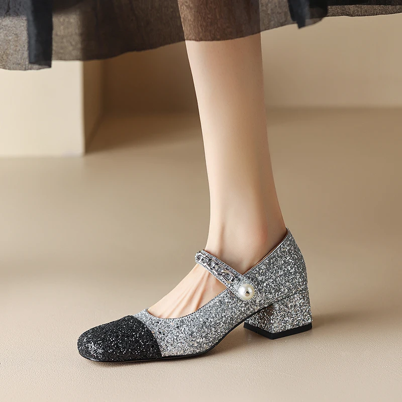 Square head spring and autumn women's shoes with sequin thin belt square heel thick heel high heel chain pearl women's shoes