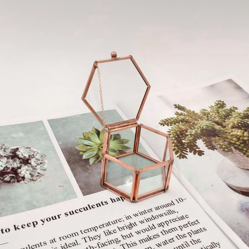 

Hexagon Transparent Rose Gold Glass Ring Box Wedding Geometric Jewelry Organizer