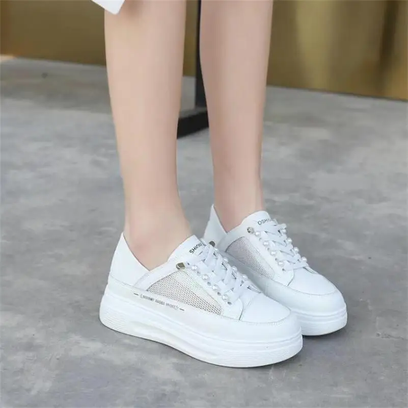 

HOPUS Women Shoes Fashion Genuine Leather New Mesh Casual Platform Shoes Breathable White Sneakers Thick-Soled Vulcanized Shoes
