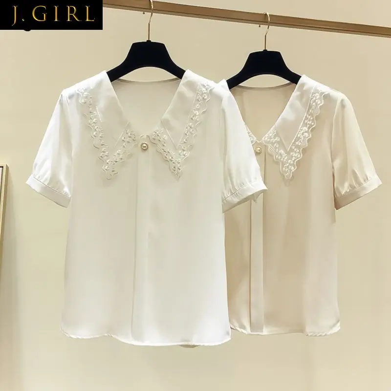 

Blouses Women Solid Design Lace Button Peter Pan Collar Tops Chic Korean Style Elegant Fashion Sweet Short Sleeve Shirts Female