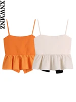 xnwmnz 2022 summer woman fashion ruffled hem knit top with bow womens vintage sexy thin straps knitting camisole sweater