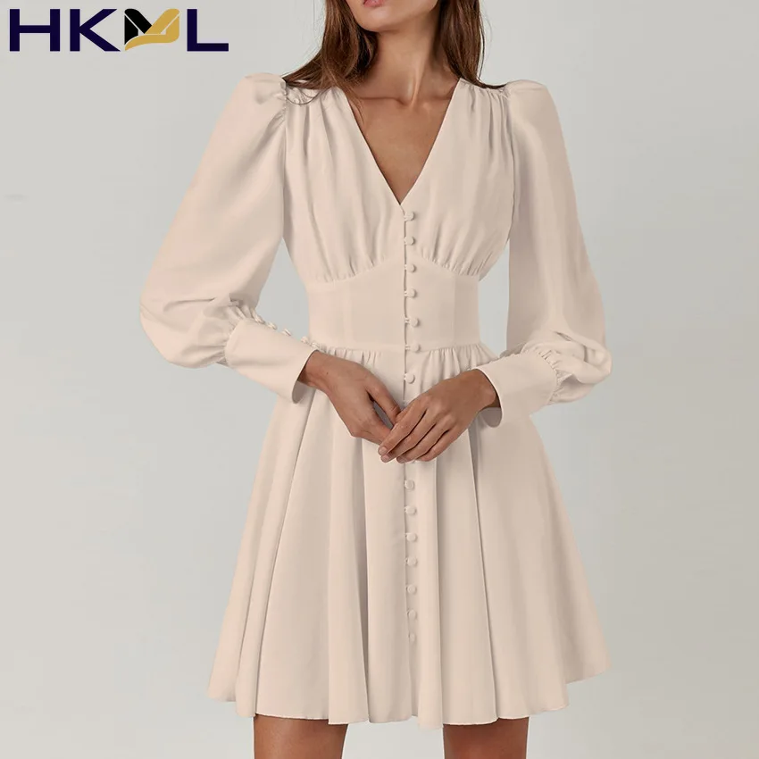 

Women Long sleeve V-neck buttons pleated puff sleeves frills A-line vestido Elegant high waist dresses