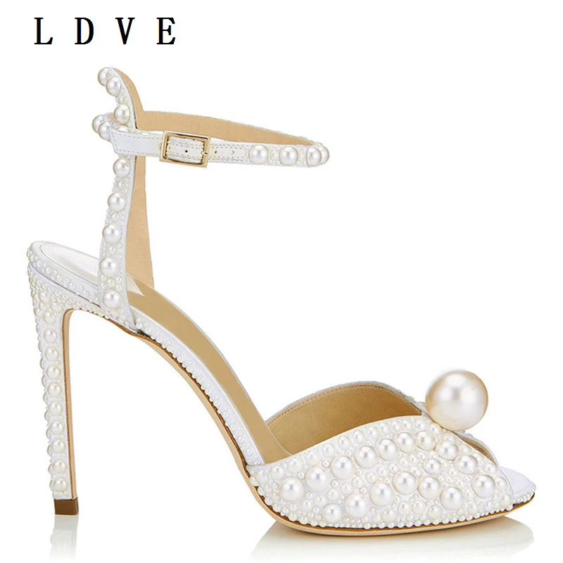 

Genuine Leather Women Sandals manual Customized Pearl Fish Mouth High Heels Bridal Pumps Wedding Shoes sandalias