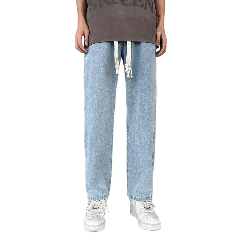 Summer Drawstring Jeans Men Fashion Retro Harajuku Straight Jeans Men Streetwear Hip-hop Loose Denim Pants Mens Trousers S-3XL