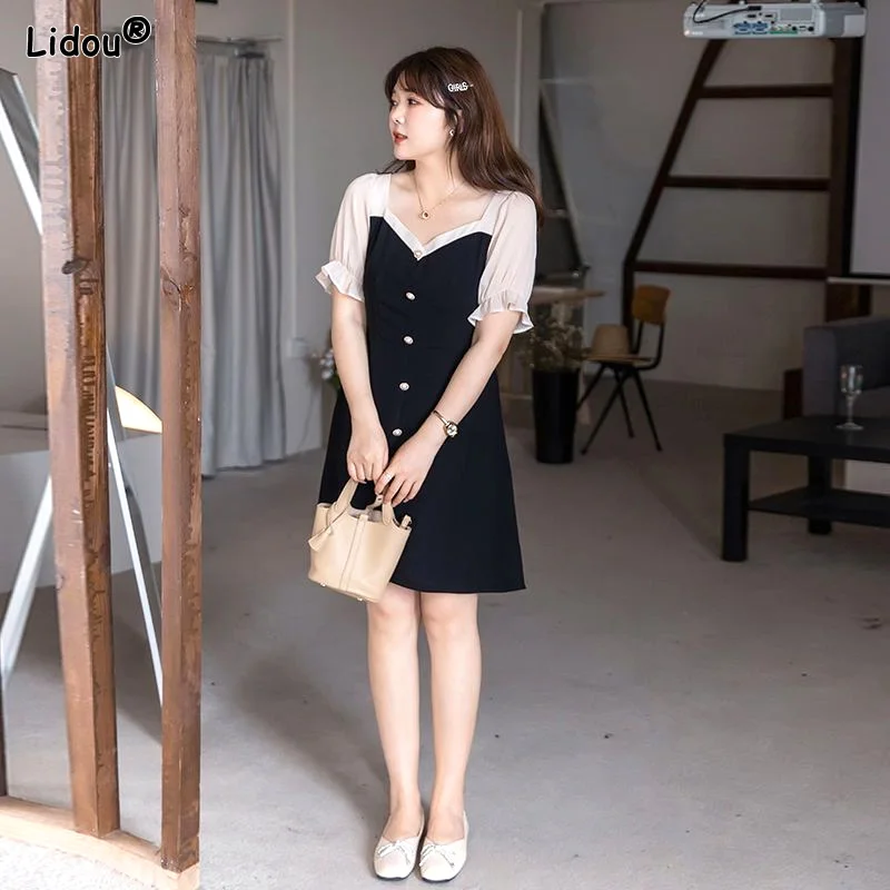 

Flare Sleeve V-neck Solid Color Knee Skirts Dresses Women's Clothing 2023 Button Patchwork Oversized Fashion Loose Casual Thin