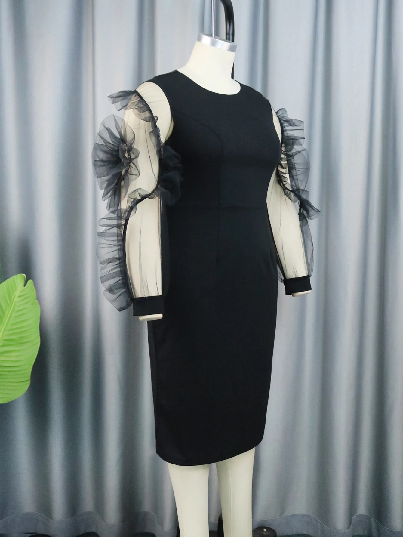 Plus Size Evening Dress Mesh Puff Sleeve Patchwork Clothing Female Luxury Elegant Robe 2023 Summer Women Trendy Party New Dress