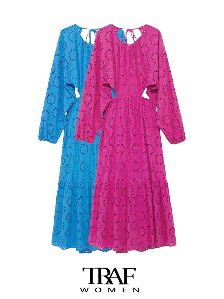 

TRAF Women Fashion With Tied Cutwork Embroidery Midi Dress Vintage Backless Elastic Waist Female Dresses Vestidos Mujer