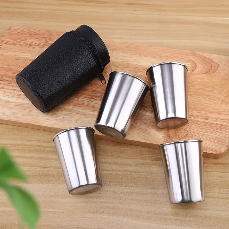 

4Pcs 170ML Drinking Cups with PU Cover Portable Stainless Steel Shot Glasses Wine Tumblers Whiskey Tequila Liquor Drinkware