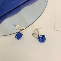 french personalized hollow out heart stud earrings for women girls korean style aesthetic blue square earrings female jewelry