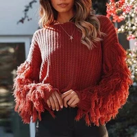 christmas red tassel sweater with fringe sleeves women sexy loose long sleeve knitted jumpers 2021 autumn winter female pullover