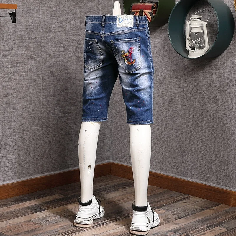 Ripped Denim Shorts Men Fashion Embroidery Dots Printed Short Jeans Summer Streetwear Casual Blue Straight Slim Fit Pants