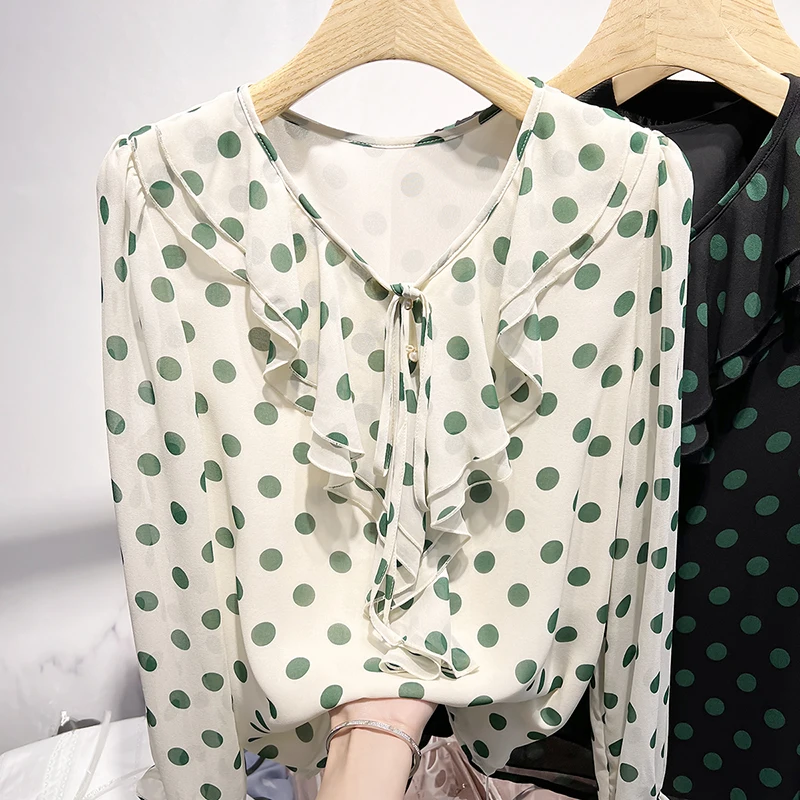 

Polka Dot Ruffled Chiffon Top Women's Long Sleeve Shirts and Blouses Femme 2023 Spring Summer New Printed V-neck Blusas