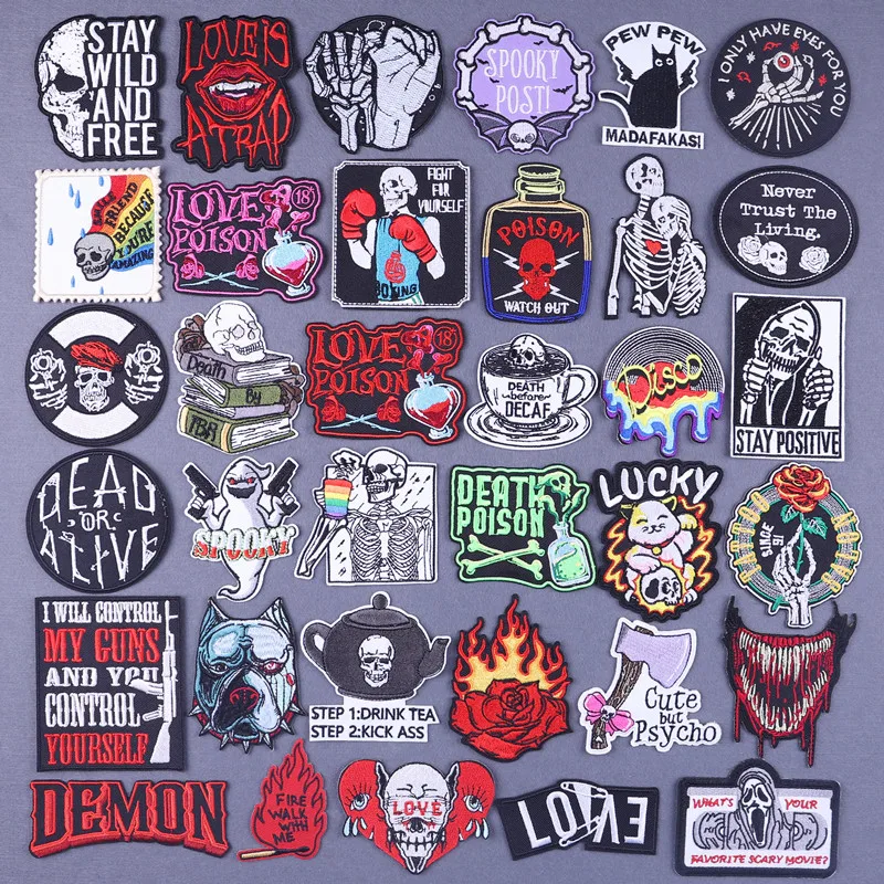 

Demon Embroidery Patches on Clothes Poison Bottle Iron-on Patch for Hat Thermoadhesive Skeleton Teeth Fusible Patch Gun Patch