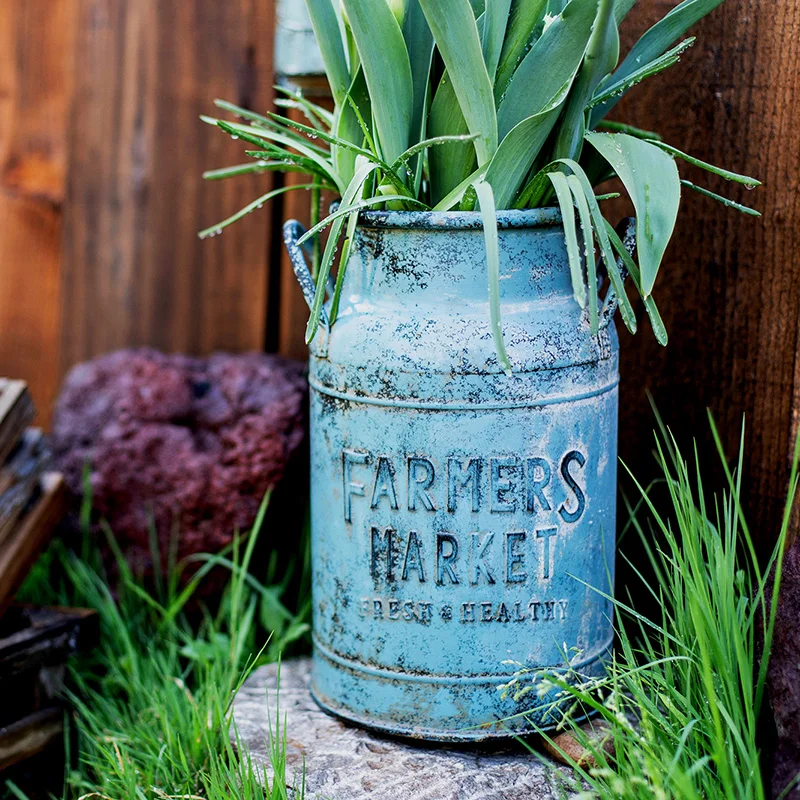 

Creative Retro Vase Milk Jug Shap Double Handle Flower Bucket Garden Plants Iron Tin Bottle Vintage Bucket for Living Room Decor