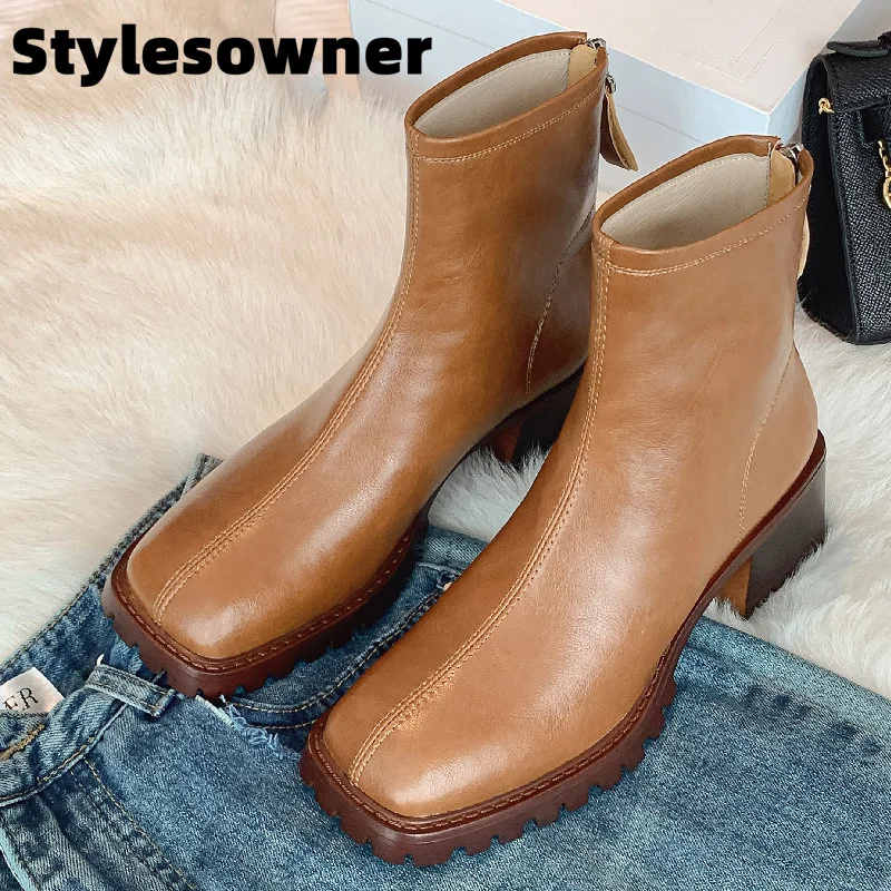 

New Style Square Head Leather Bare Boots The Winter Sexy Thick Heel High Heel Casual Fashion Back Zipper Thick Soled Short Boots