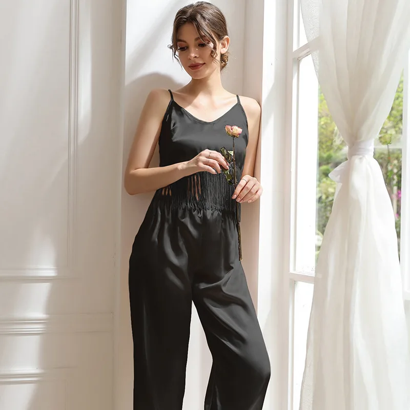 2PCS Pajamas Suit Summer V-Neck With Tassels Camisole Set Satin Sling Pants Pyjamas Pour Home Clothes Femme Sexy Lounge Wear