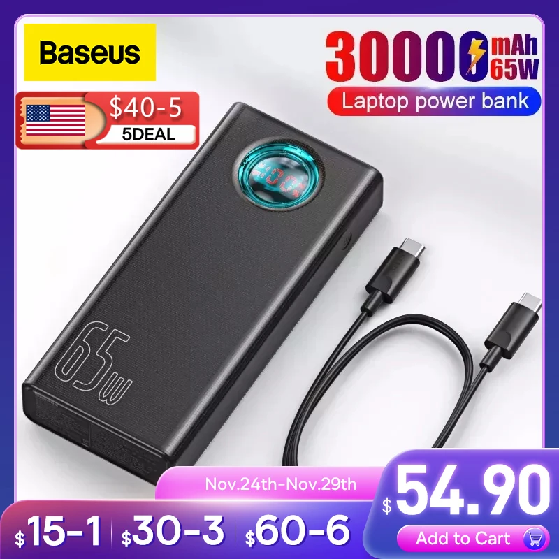 Baseus Power Bank 30000mAh 65W PD Quick Charge QC3.0 Powerbank For Laptop External Battery Charger For iPhone 13 Samsung Xiaomi