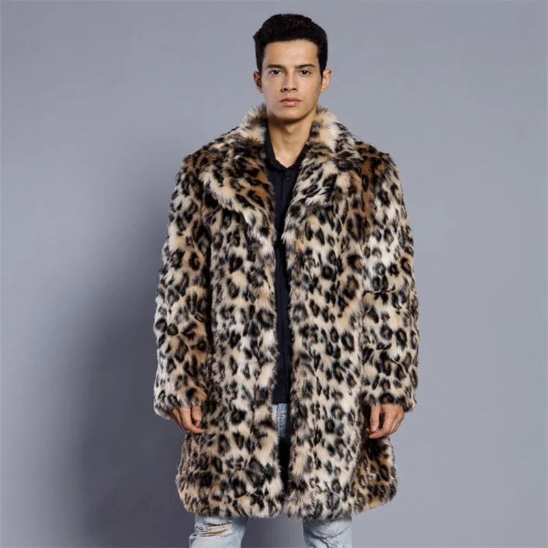 Autumn leopard print faux mink leather jacket mens winter thicken warm long fur leather coat men jackets jaqueta de couro B20