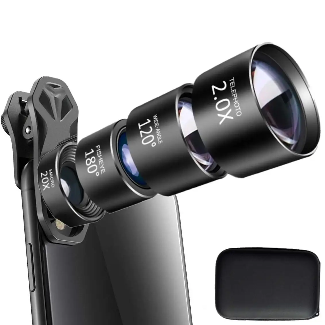 

4-in-1 Phone Camera Lenses Kit 180° Fisheye + 120° Wide angle + 2X Telephoto +20X Macro zoom lens for mobile cellphone camera 30