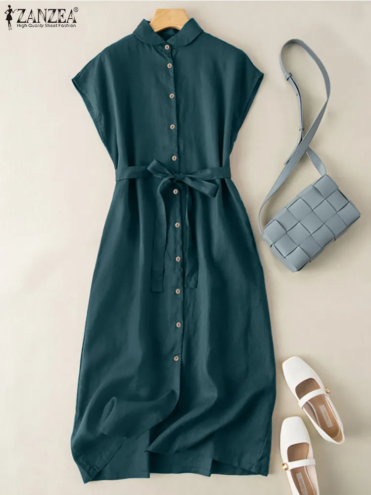 

Платье ZANZEA женское хлопковое средней длины с коротким рукавом, элегантный однотонный свободный вечерние рафан, вечерняя одежда оверсайз, л...