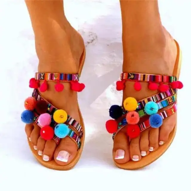 Boho Sky Blue Pom-pom Flat Sandals 