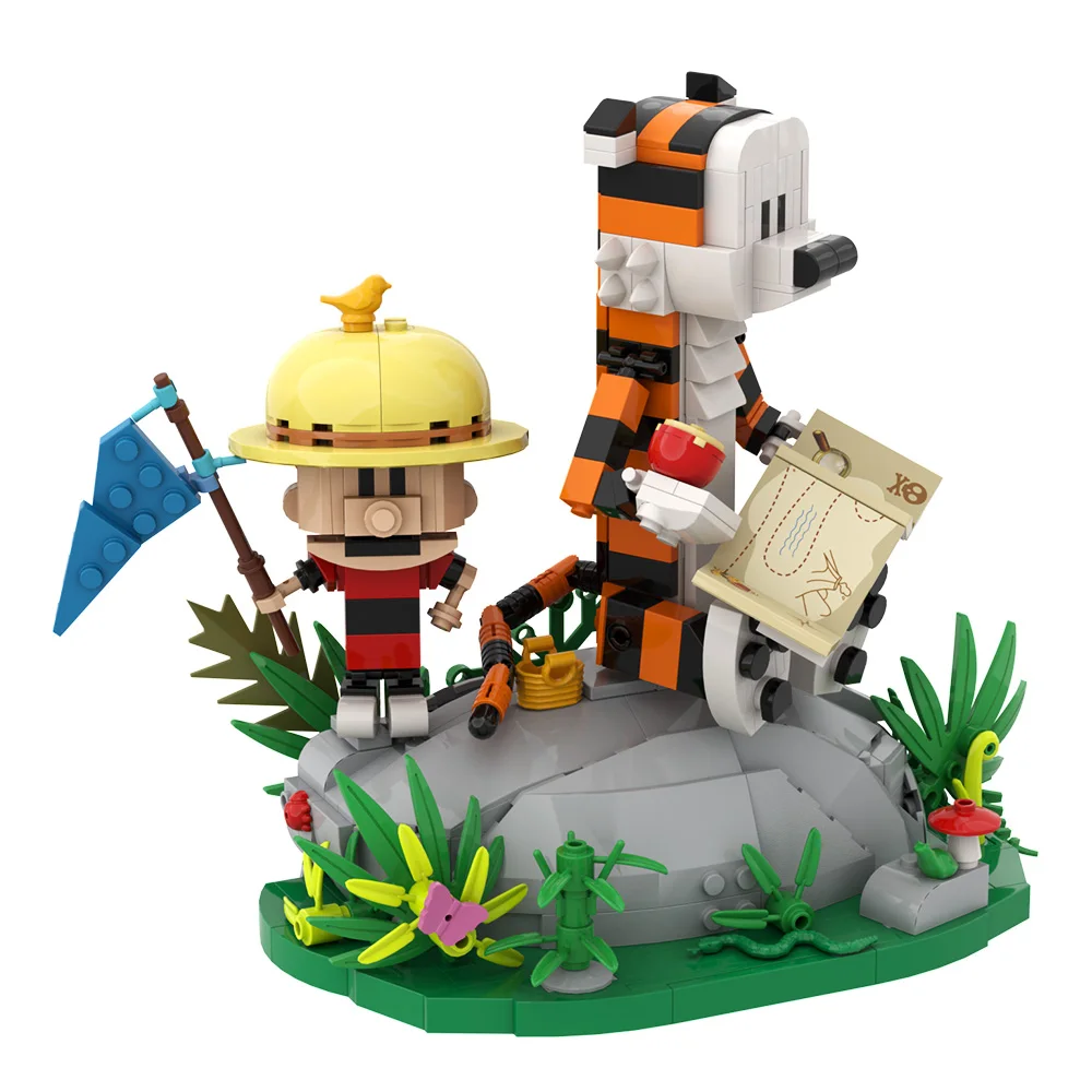 Фото Модель MOC Calvined and Hobbes, строительный блок, анимационная кукла, трава, растение, мультяшный тигр, экшн-фигурка, кирпичная игрушка, детский рождественский подарок №2