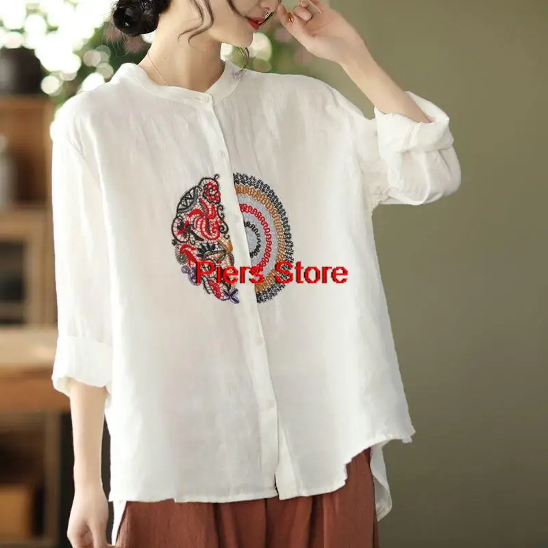 Женская рубашка с вышивкой белая Свободная из хлопка и льна в китайском стиле