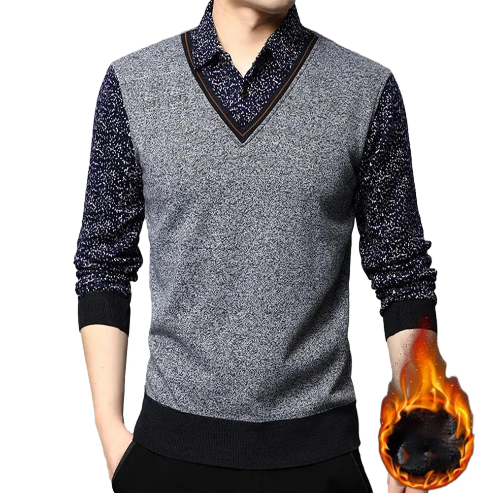 

Autumn Winter Men's Plush Fake Two Pieces Knit Patchwork Shirt And Blouse Slim Fit Long Sleeve Tops Clothing Shirt