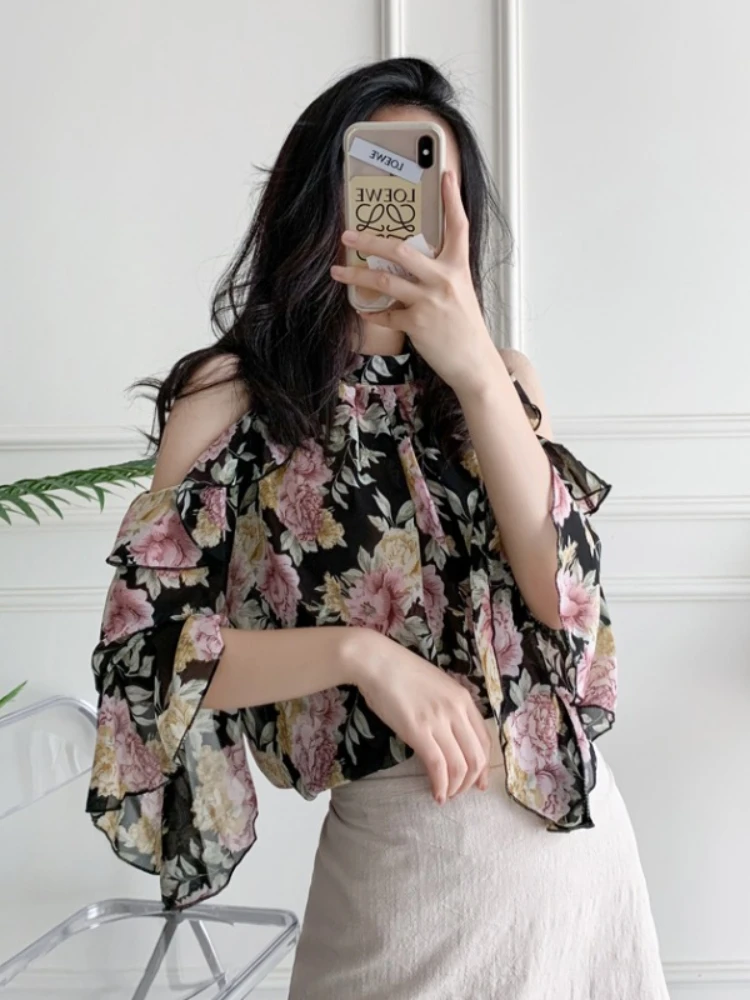 Женская шифоновая блузка с открытыми плечами элегантная офисная длинным рукавом