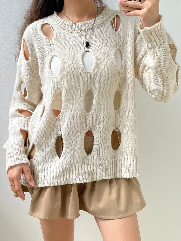 

WeiYao Holes Baggy Pullover Jumpers Women Solid Knitted Leisure Homewear 2022 Autumn Winter O Neck Long Sleeve Sweatshirts