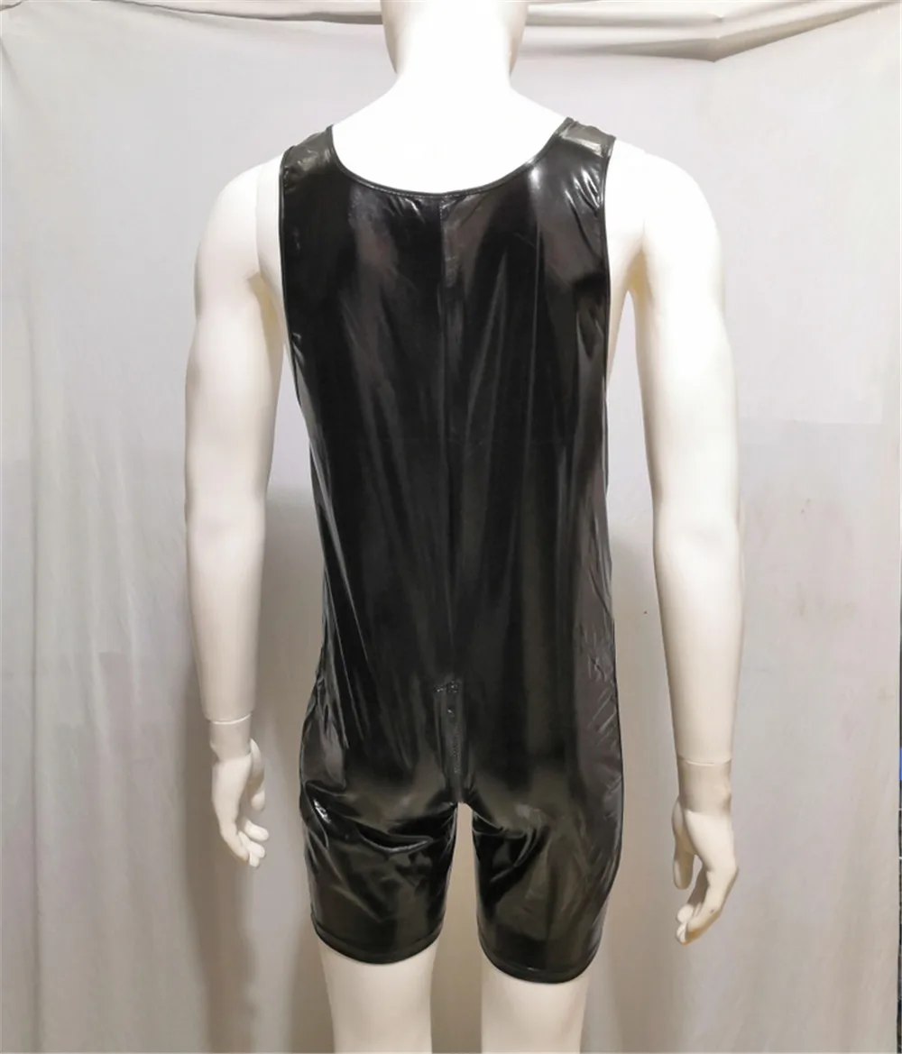 YUFEIDA Men Lingerie Bodysuits Zipper Patent Leather Bodysuit U Neck Sleeveless Vest Jumpsuit Clubwear Stage Performance Costume
