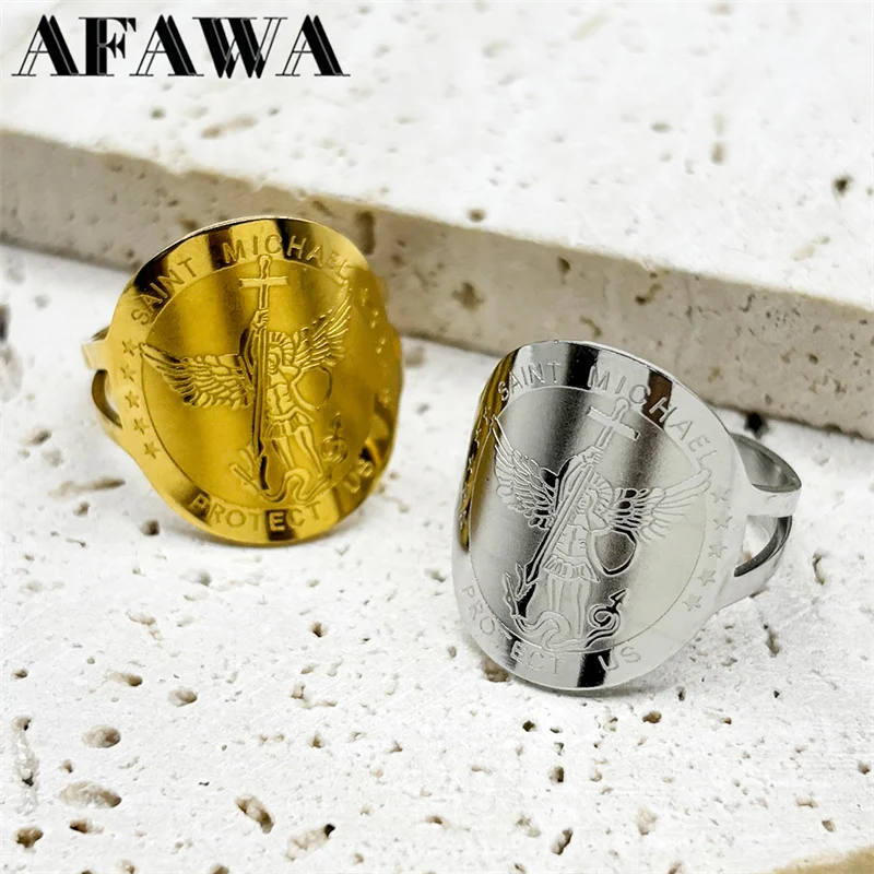 Кольца Saint Michael Protect Us для женщин и мужчин из нержавеющей стали цвета: золото
