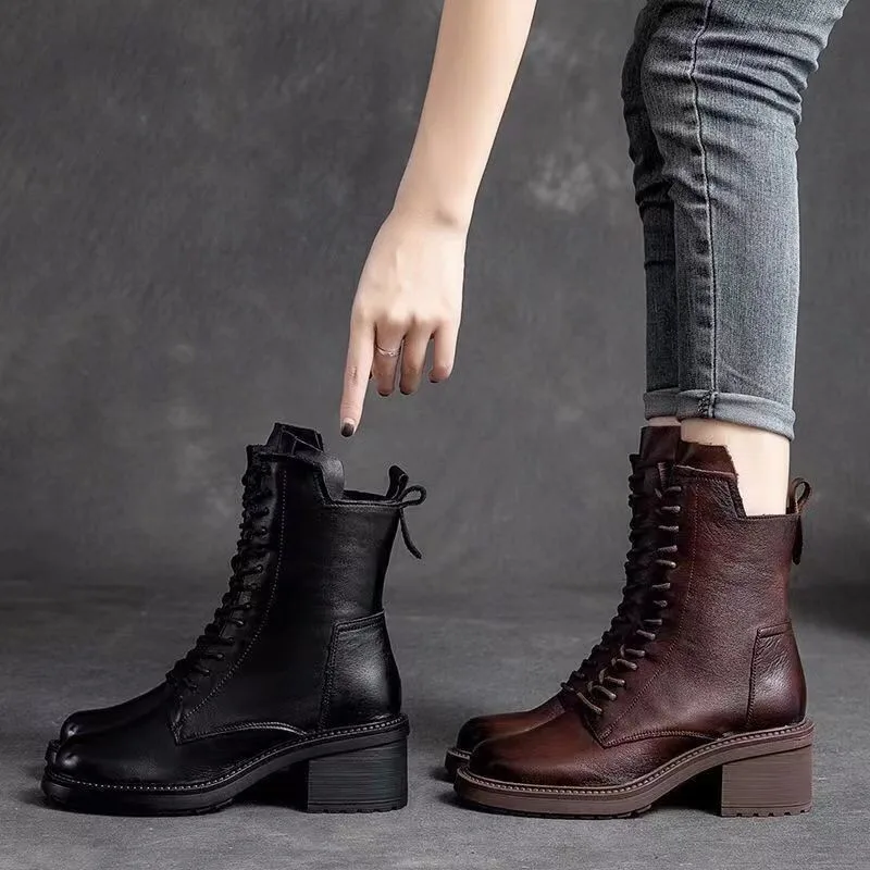 New Pu Leather High Quality Women's Boots Autumn Winter Square Mid Heel Ankle Boots Lace Up Zipper Ladies High Heels Botas Mujer