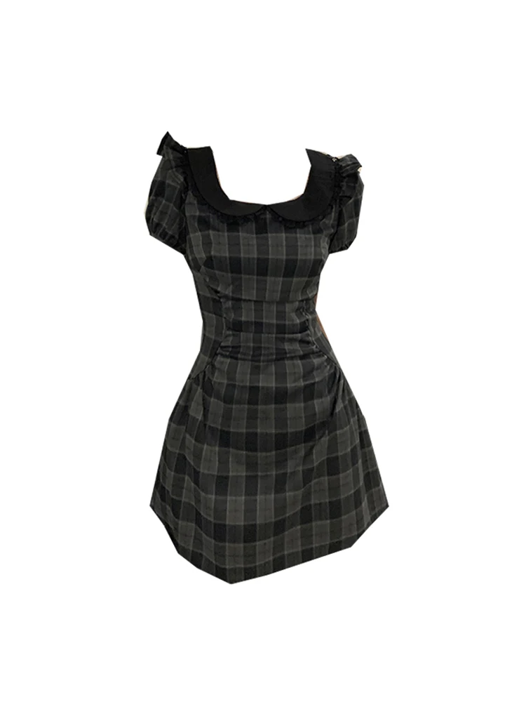 

French Summer Women Plaid Dress Lace Peter Pan Collar Fashion Vintage Party Prom Puff Sleeve 2000s Aesthetic Sweet Streetwear