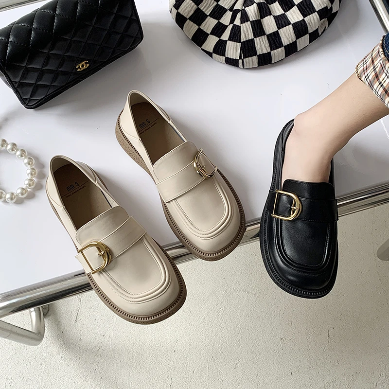 

XIXIYIPIN Fashion Luxury Leather Women Mary Janes Round Toe Flats Casual Solid Woman Platform Metal Buckle Casual Designer Shoes