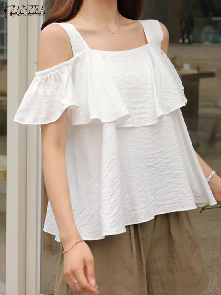 

ZANZEA Cold Shoulder 2023 Summer Blusas Square Neck Solid Color Fashion Women Blouse Ruffles Sleeve Casual Streetwear Tunic Tops