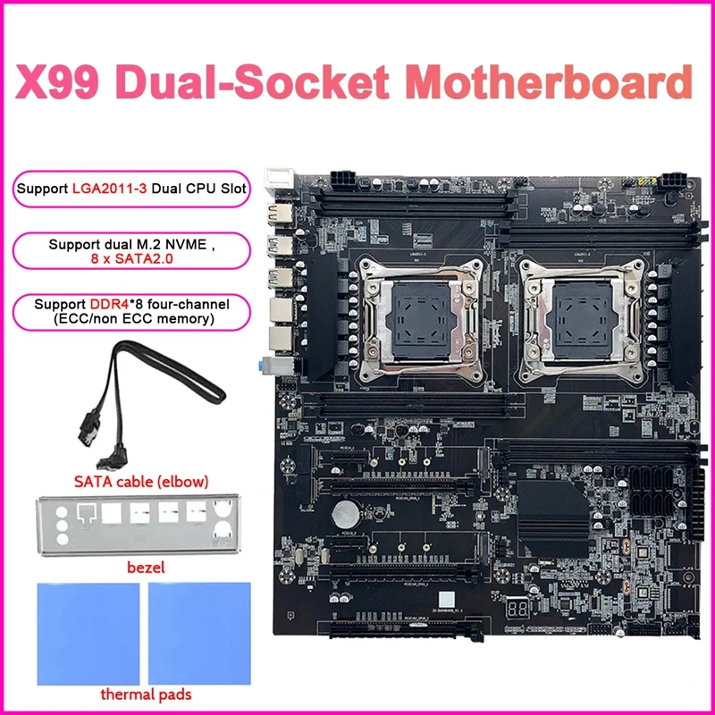 

X99 Dual-Socket E-ATX Motherboard With 2Xthermal Pad+SATA Cable+Baffle LGA2011-3 Dual CPU DDR4 ECC Memory Slot 8XSATA2.0