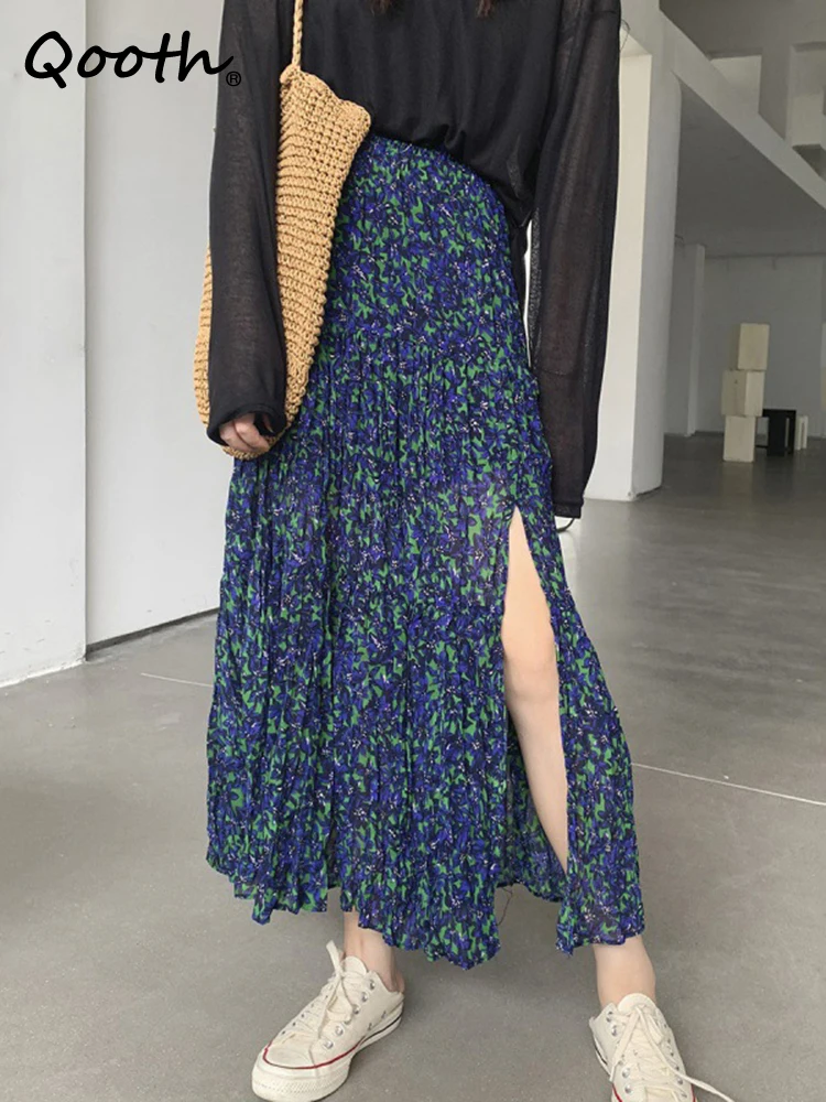 

Qooth Women Summer Chiffon Floral Split Skirt Spring Casual Beach Holiday High Waist Pleated Skirt QT2039