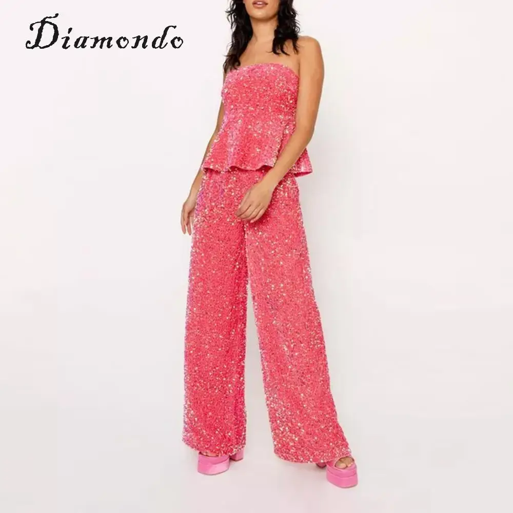 

Летний комплект из 2 предметов с блестками, свободные женские топы с открытыми плечами и брюки с широкими штанинами, сексуальный комплект из двух предметов, женский костюм