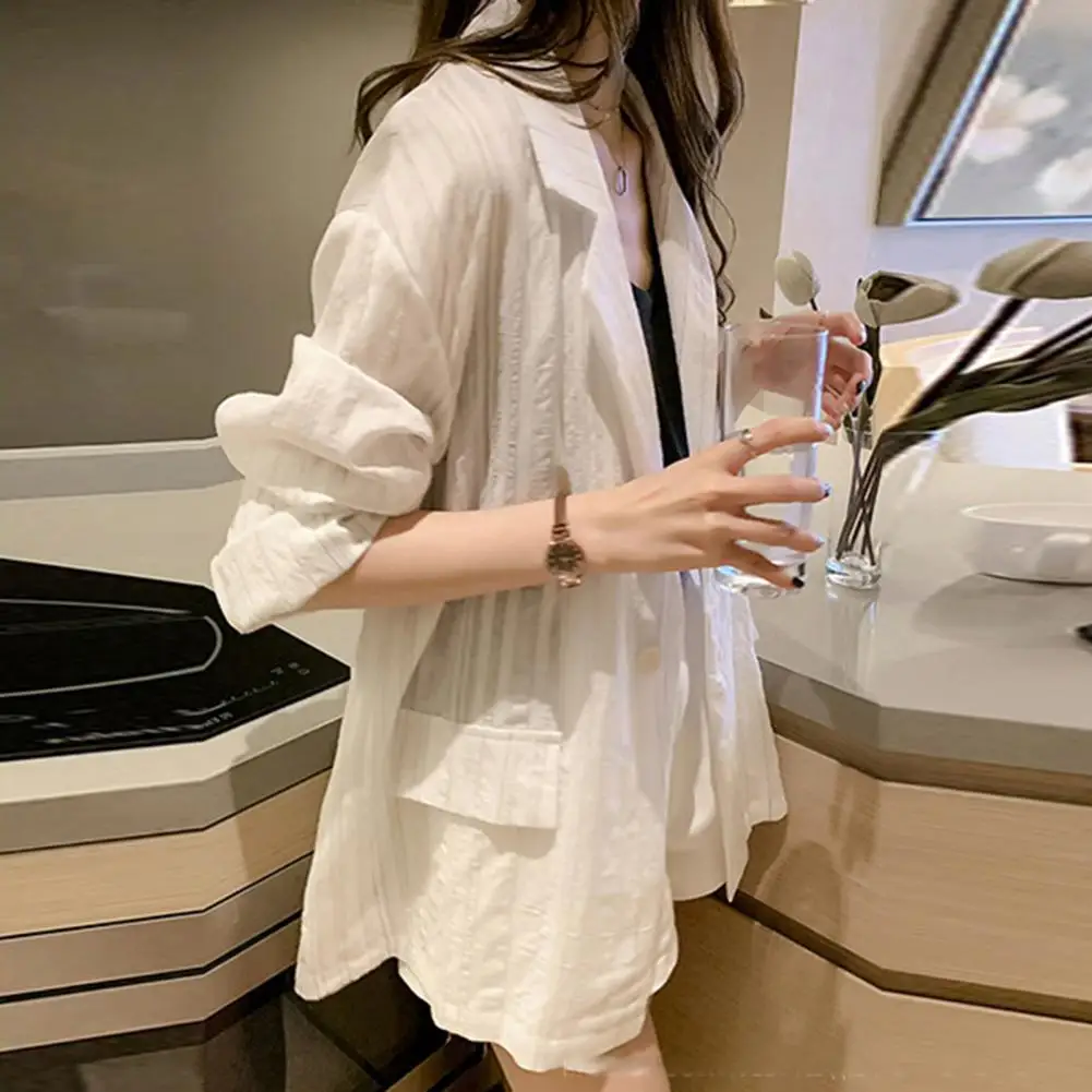 

Mid-length Women Suit Jacket Striped Print Lapel Chic Women's Long Sleeve Suit Coat with Flap Pockets Single Button Closure