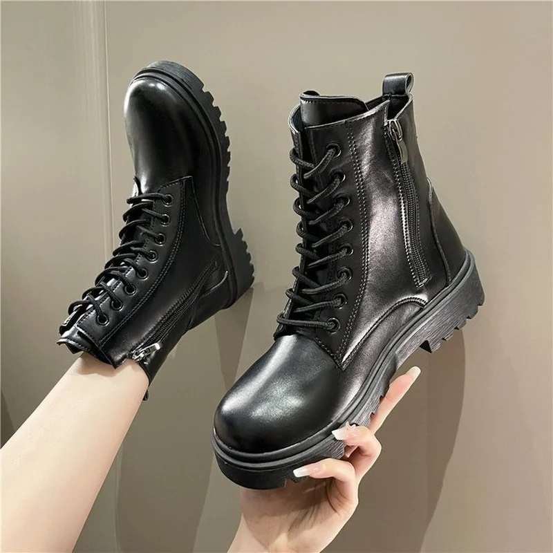 2022 Women Boots PU White Mid Calf Boots Autumn Winter Motorcycle Boots Fashion Female Chunky Heel Platform Botas Femininas