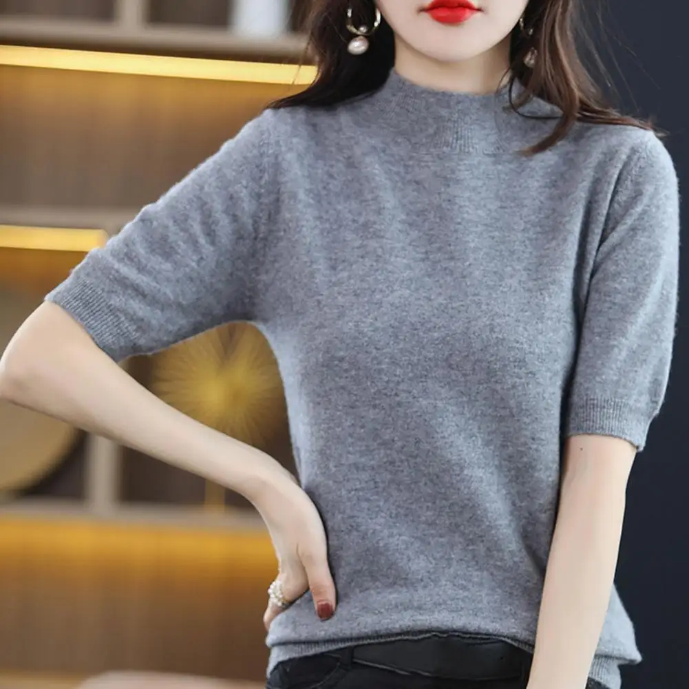 

Women T-shirt Round Neck Half Sleeves Loose Fit Knitting Pullover Solid Color Ladies Top Blouse Spring Knitted Shirt Casual Wear
