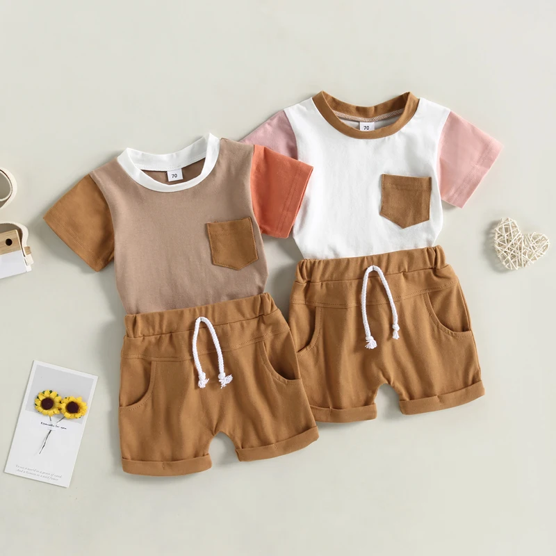 

2023-03-09 Lioraitiin 0-3Years Toddler Baby Boy Girl 2Pcs Summer Outfits Short Sleeve Patchwork Contrast Color Tops Shorts Set