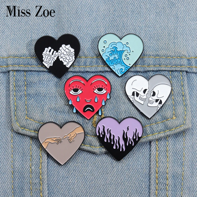 Punk Heart Shape Enamel Pins Custom Skeleton Lovers Ocean Wave Tears Brooches Lapel Badges Funny Jewelry Gift for Kids Friends